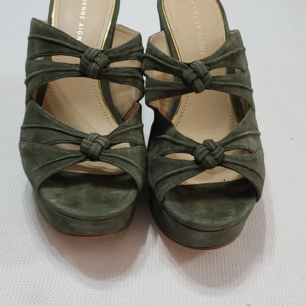 Etienne Aigner Womens Wedge Sandal Hunter Green Leather Knotted Straps Sz 8 NWOT
